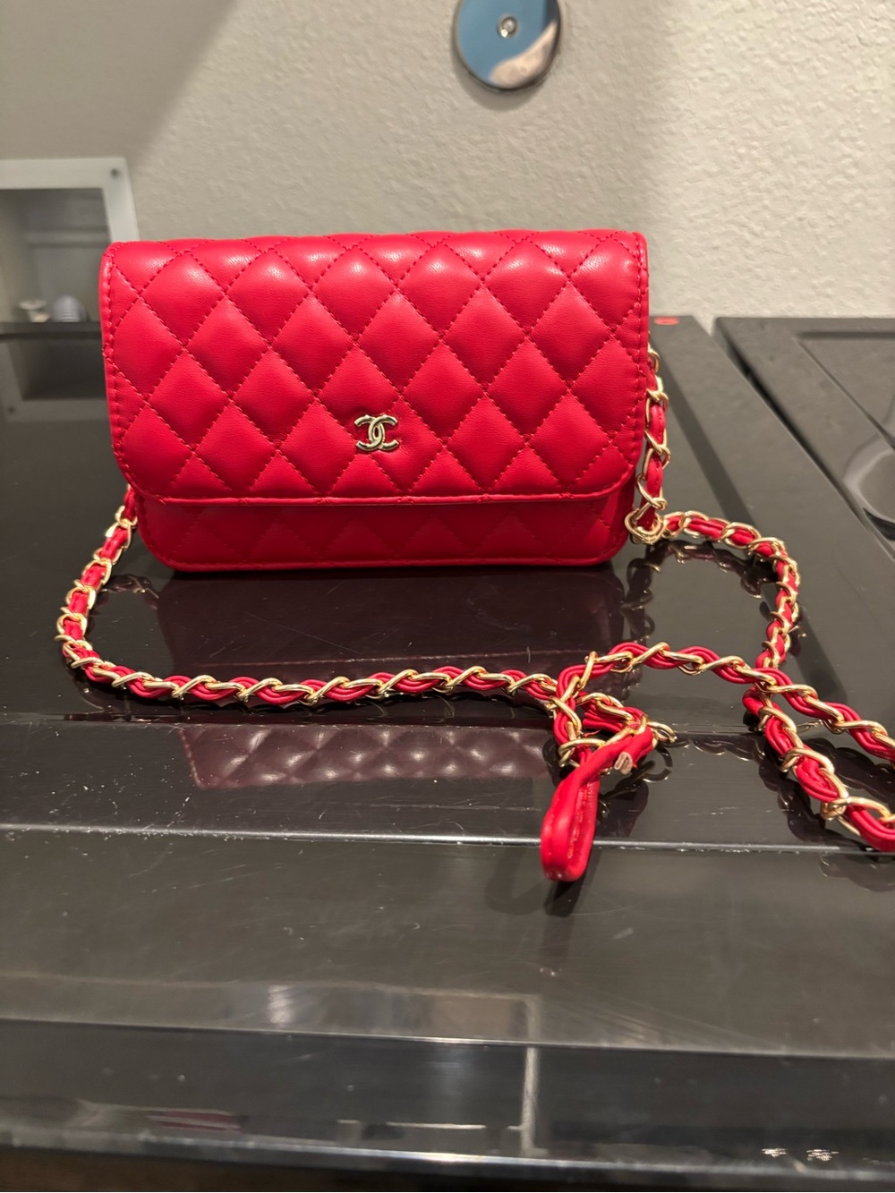 CHANEL Red Quilted Leather Crossbody with Gold Chain